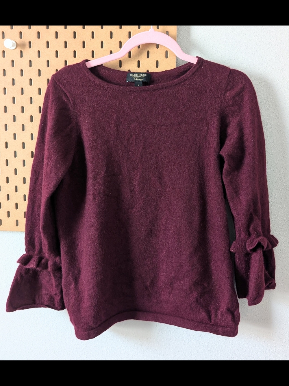 100% Cashmere Charter Club Burgundy Bell Sleeve Pullover Sweater